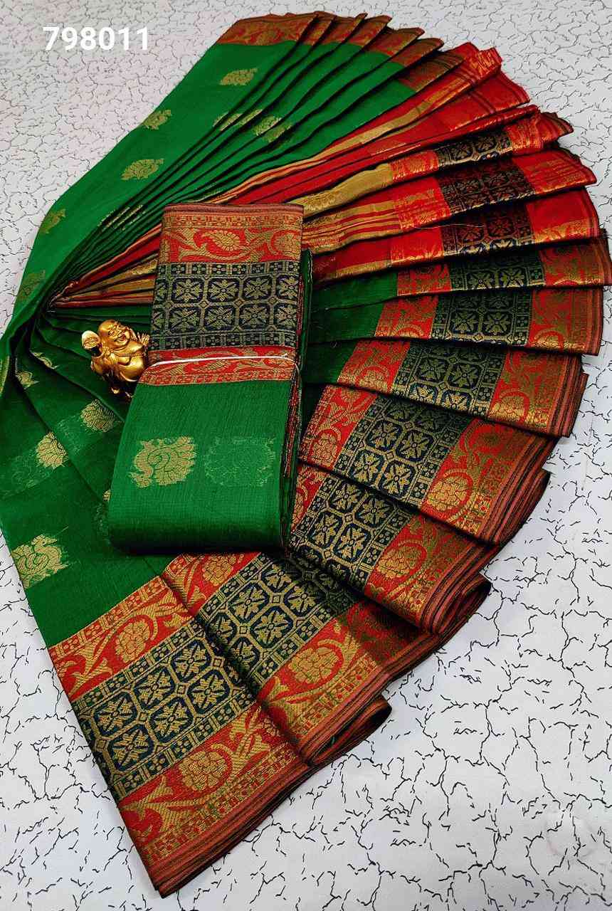 Banarasi Cotton Silk Saree With Resham & Meena Weaving Border-Deep Gre –  Banarasikargha